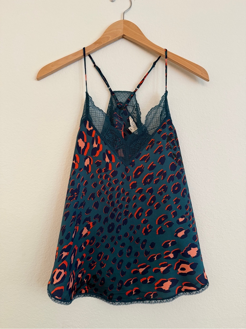 Vesti Teal Lace-Trim Cami with Coral and Navy Print